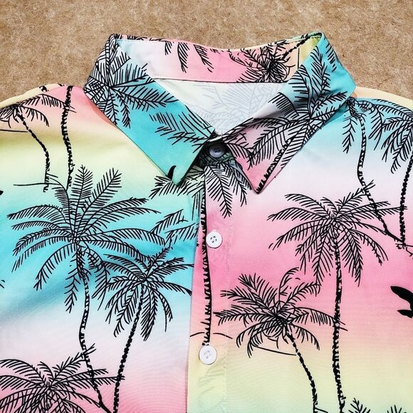 Tropical Palm Vacation Print Men's Short Sleeve Button Down Shirt #4 - Picture 3 of 8
